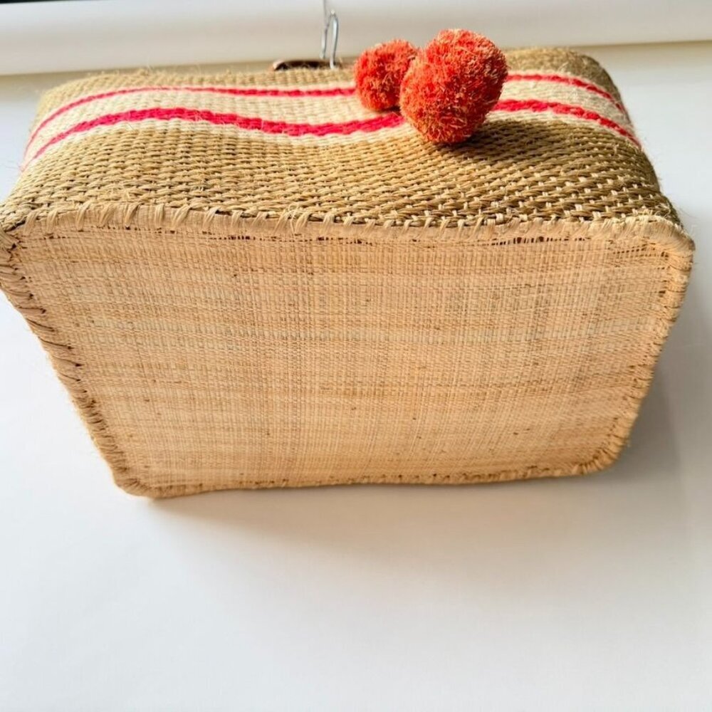 Mar Y Sol Caracas Tote Straw Raffia Pom Pom Beach Tote - Beige/Red - Picture 11 of 11